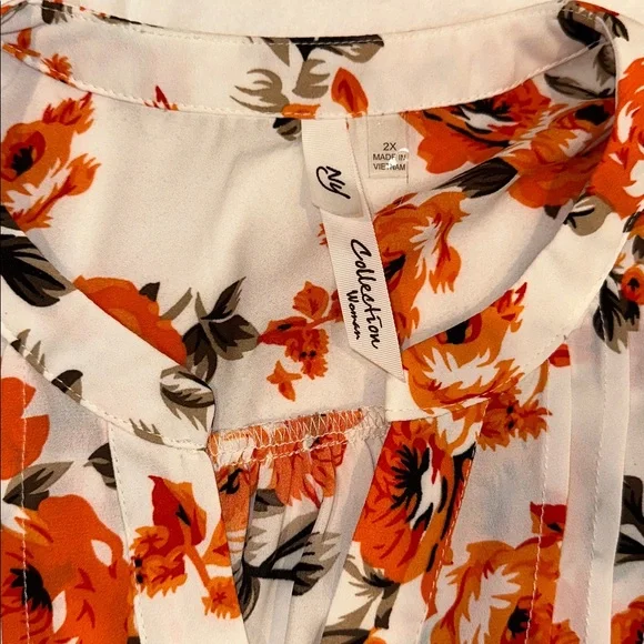 NY Collection Woman Orange Floral Button Up Mandarin Collar Blouse Size 2X - Picture 5 of 5